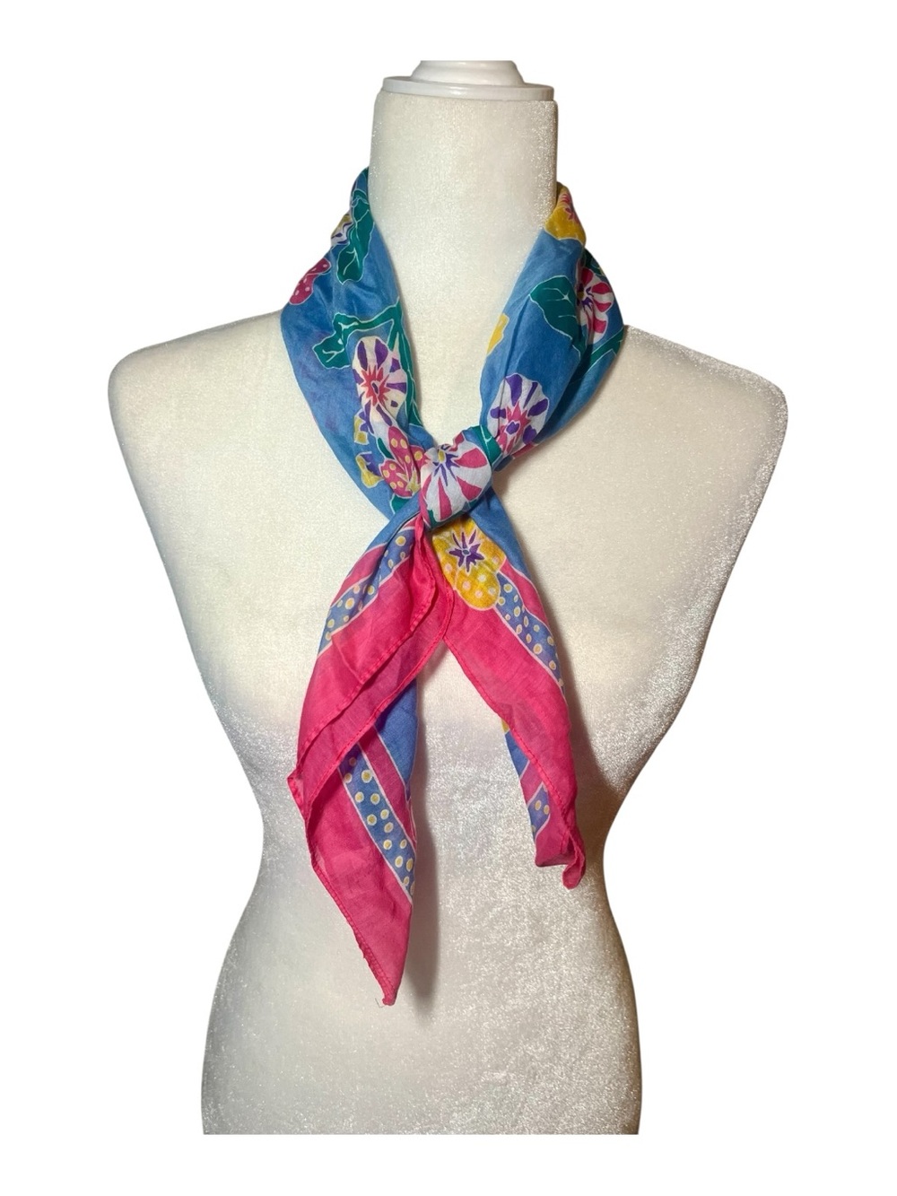 Vintage 1980s Jacqueline Ferrar 100% Cotton Floral Scarf Bright Pink Blue